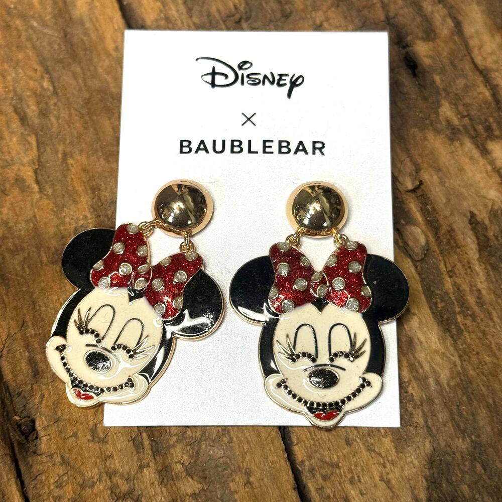 Baublebar Disney Minnie Mouse Polka Dot Bow Earrings Gold Tone New Never Worn